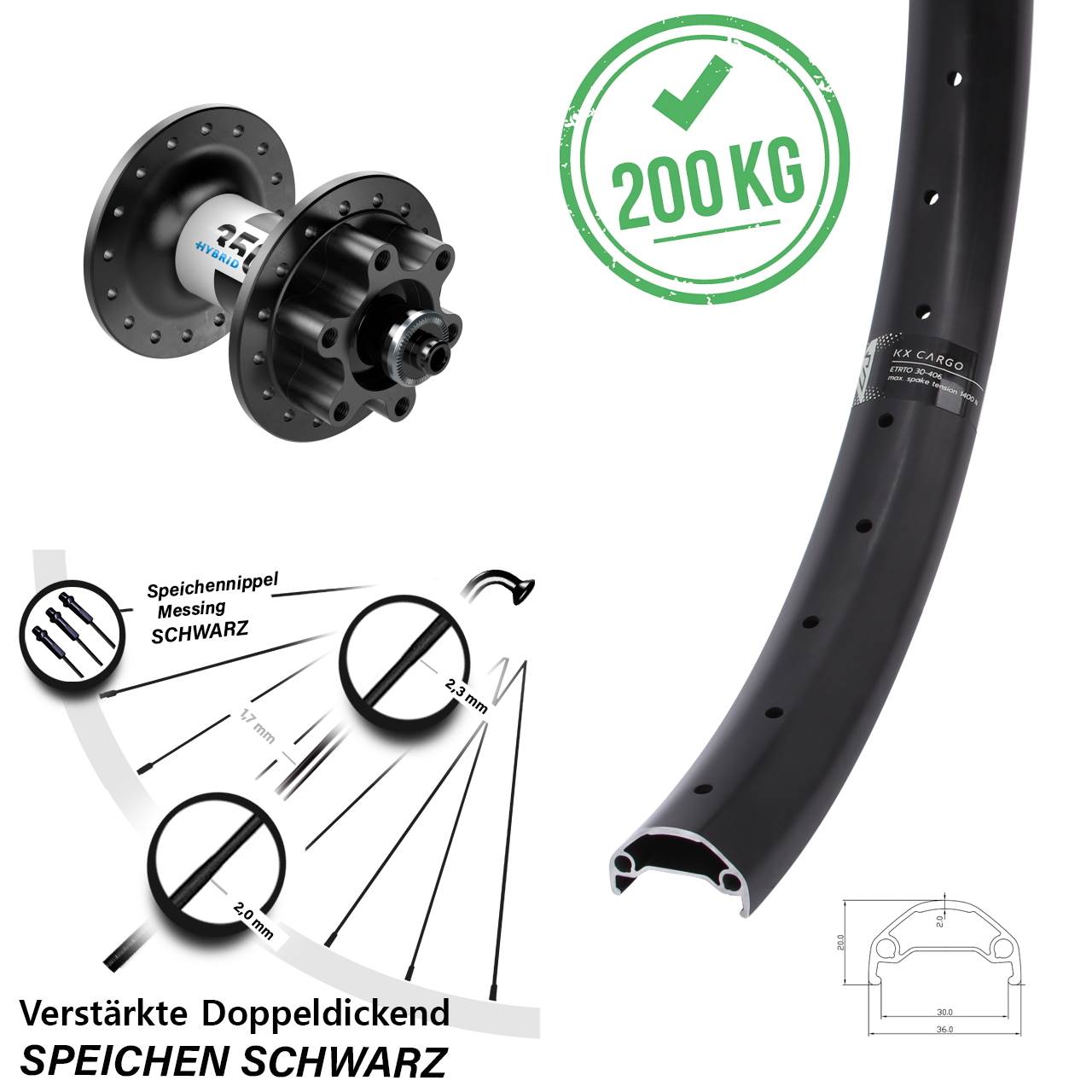 6-Loch Vorderrad QR 20 Zoll KX Cargo DT Swiss 350 Hybrid