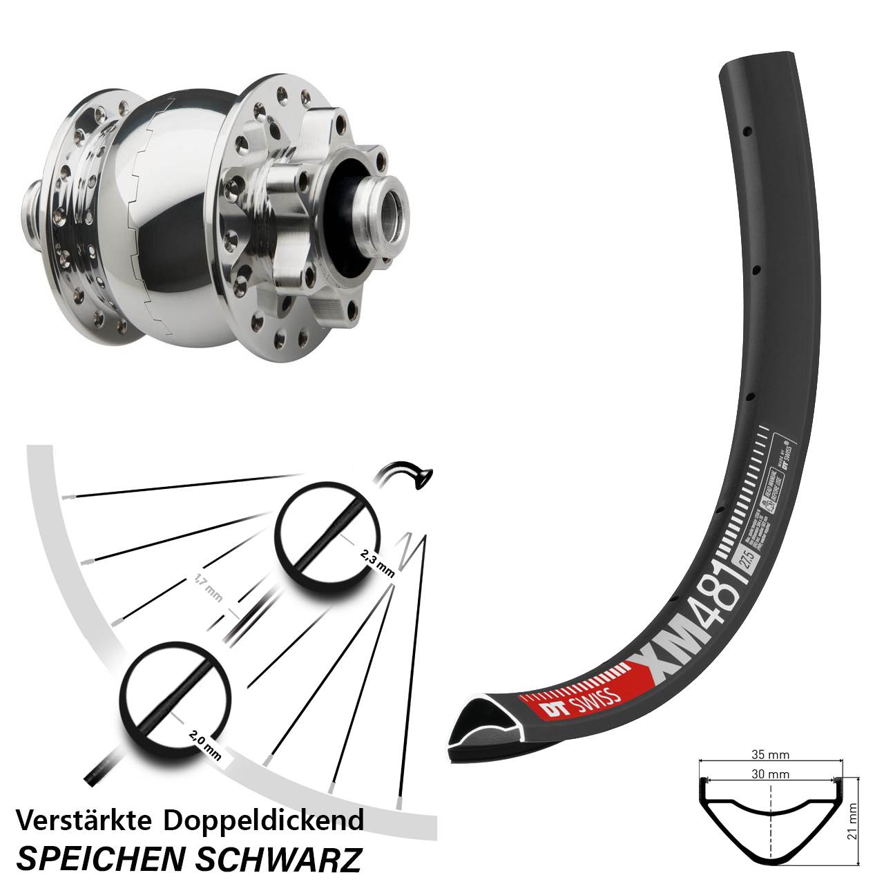 Nabendynamovorderrad 6-Loch 12x100 27,5 Zoll DT Swiss XM 481 SON 28 poliert