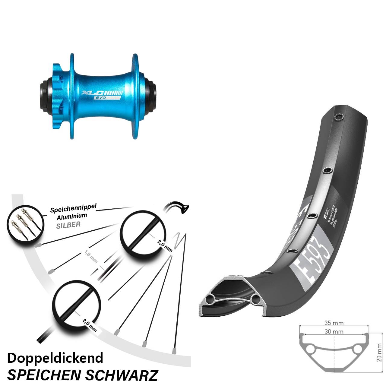 650B DT Swiss E 593 XLC blau 6-Loch Vorderrad 15x100