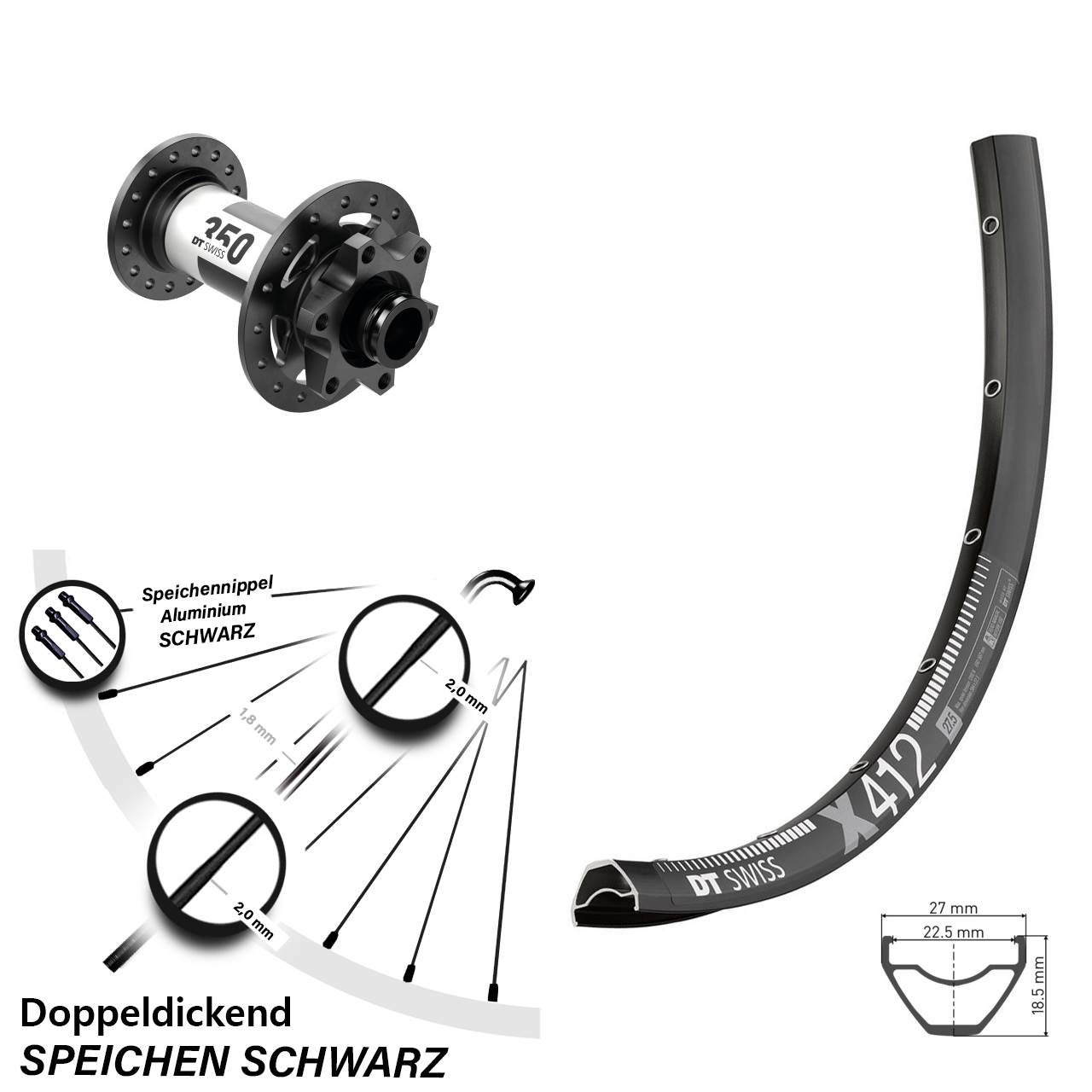 Vorderrad 28 Zoll DT Swiss X 412 Disc 350 12x100 schwarz