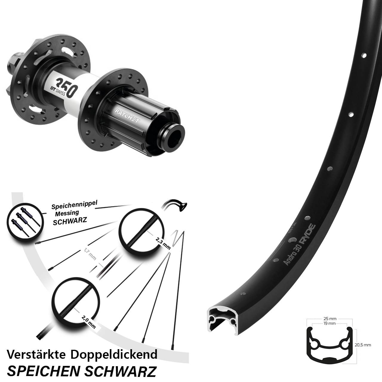 Hinterrad 6-Loch 28 Zoll Ryde Andra 30 Disc DT Swiss 350 8-11 fach 12x142