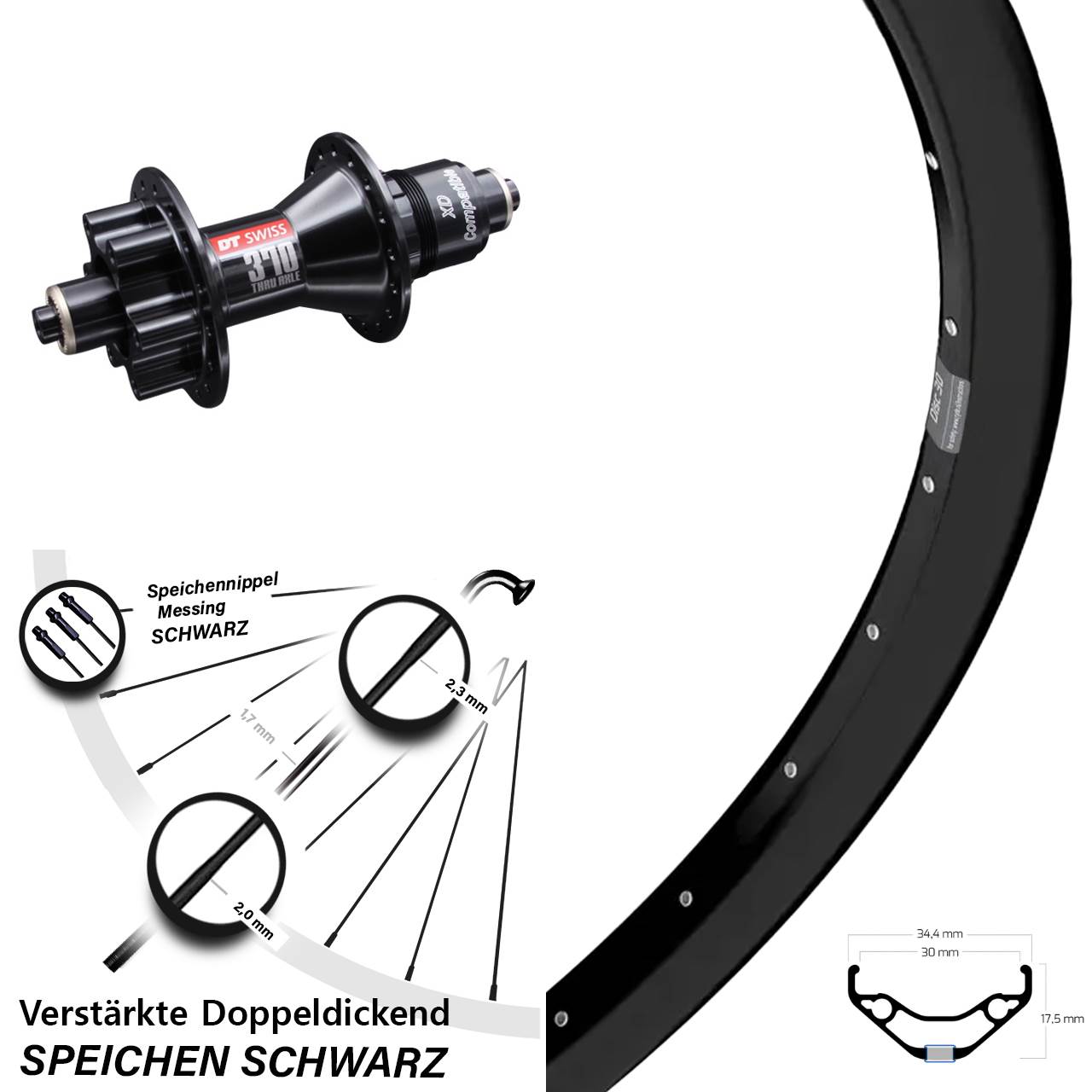 27,5 Zoll Ryde Disc 30 DT Swiss 370 Laufrad QR XD schwarz