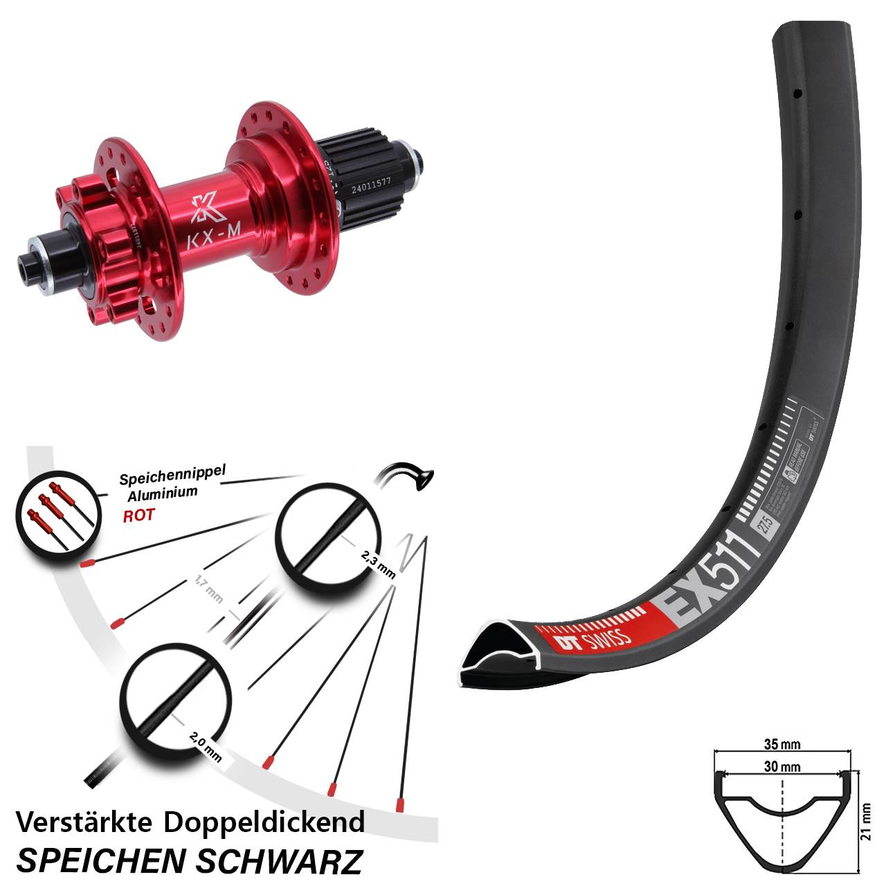 Disc Laufrad 27,5 Zoll DT Swiss EX511 KX-M rot Shimano Micro Spline QR