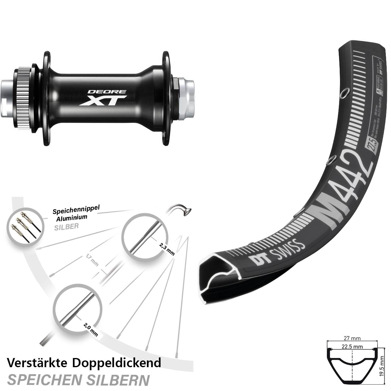 28 Zoll DT Swiss M 442 Shimano Deore XT Boost Vorderrad Centerlock 15x110