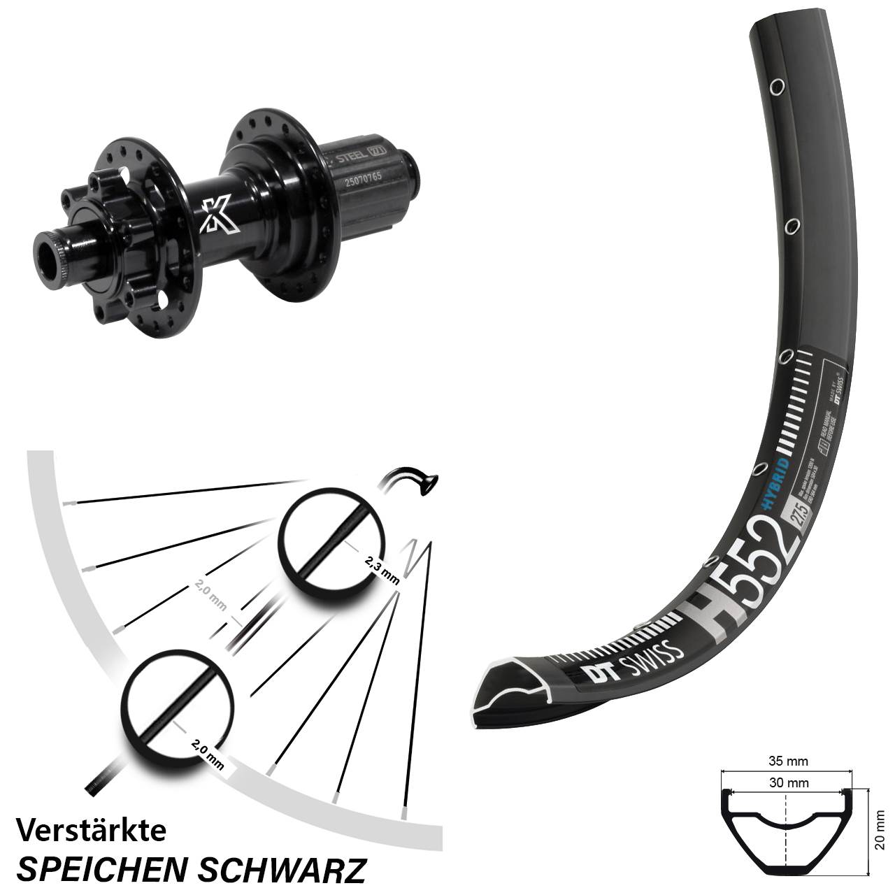 Hinterrad 6-Loch 29 Zoll DT Swiss H 552 KX-M Heavy Duty 8-12 fach HG 12x142