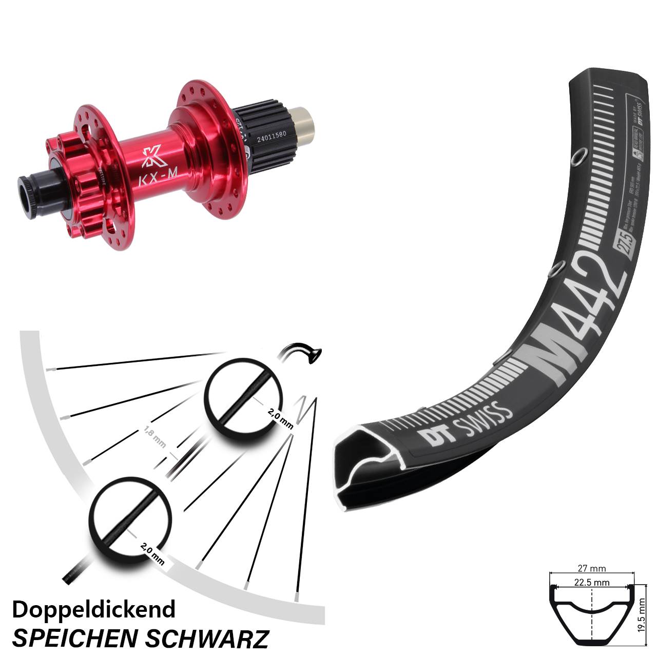 28-29 Zoll DT Swiss M442 KX-M rot Disc Laufrad 12x142 Micro Spline