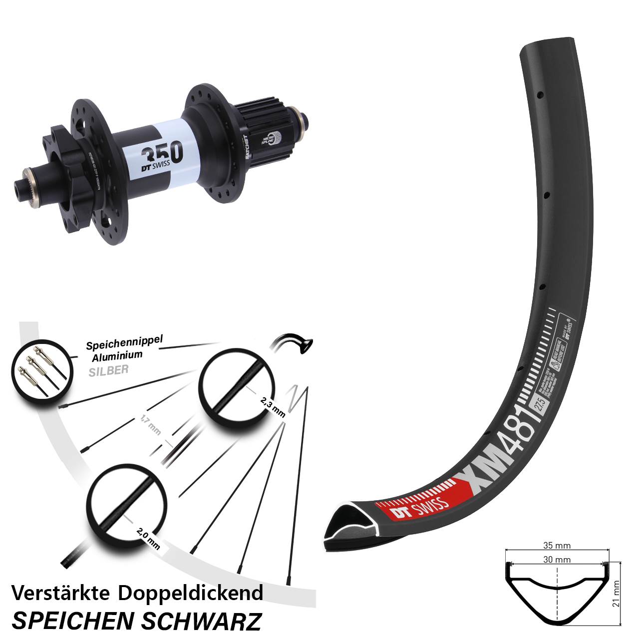 27,5 Zoll DT Swiss XM 481-350 Ratchet 36 Disc Laufrad QR Boost Micro Spline