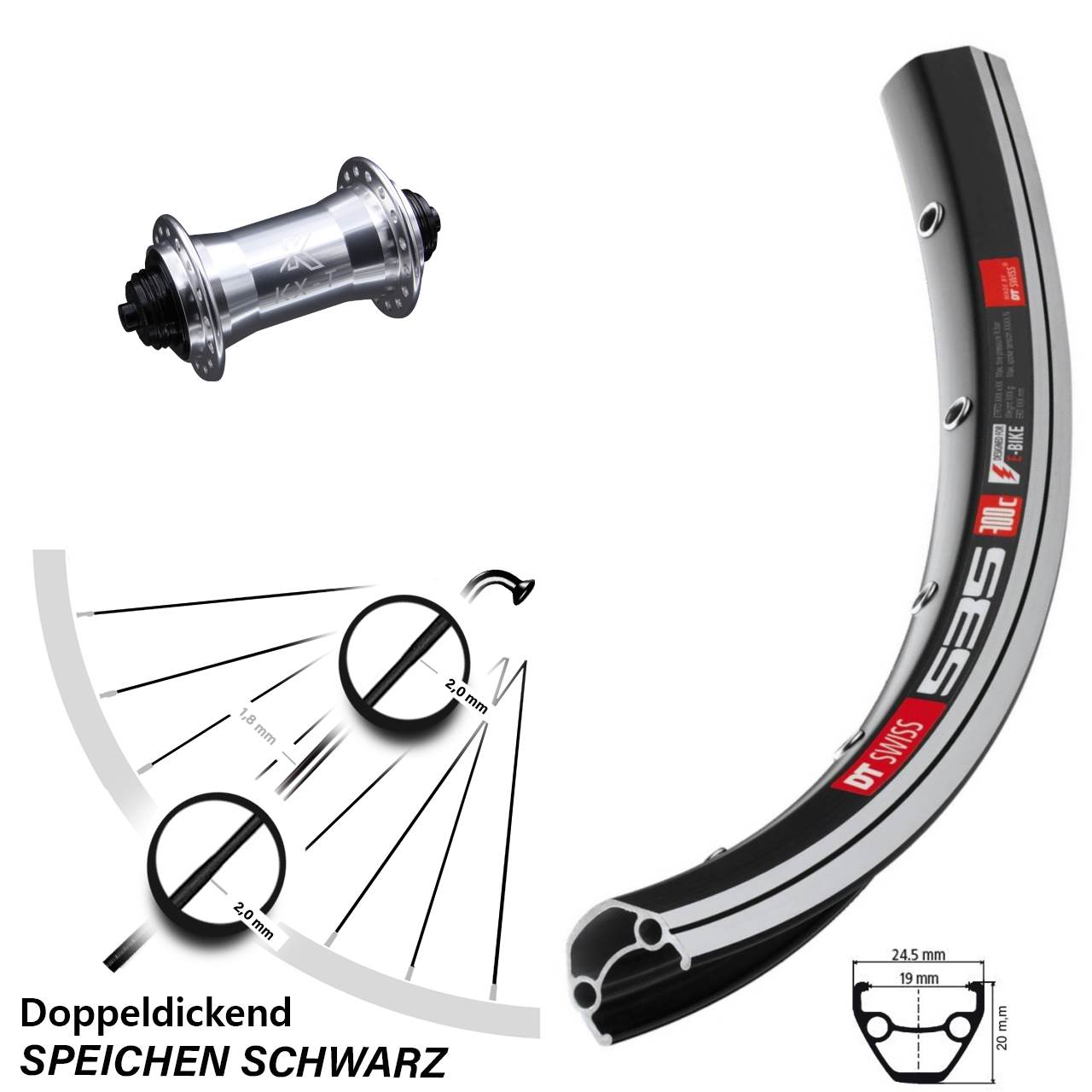 Vorderrad 28 Zoll DT Swiss 535 Felgenbremse KX-T Nabe silbern 4 Kugellager