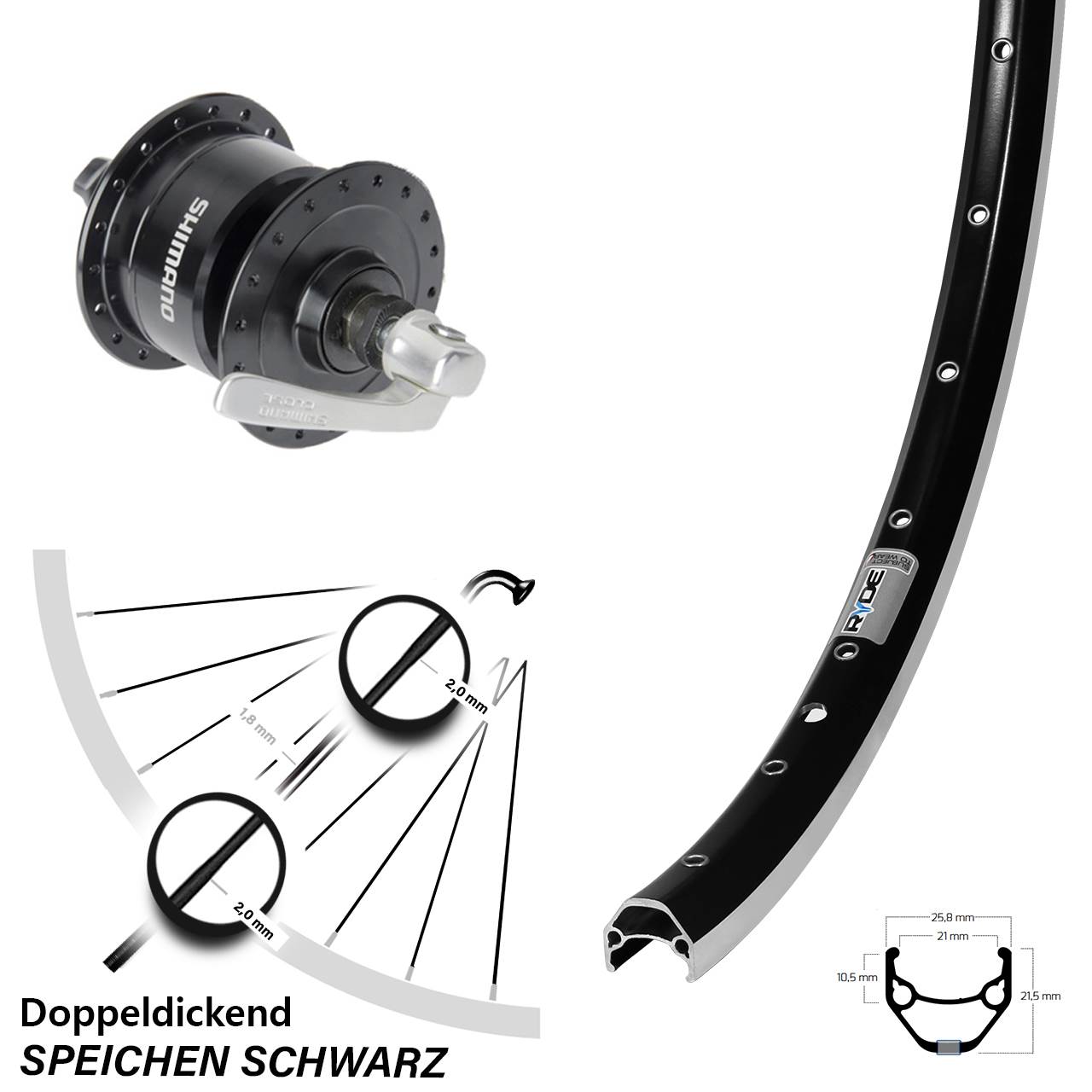 Nabendynamolaufrad 27,5 Zoll Ryde ZAC 421 Shimano DH3N72 QR