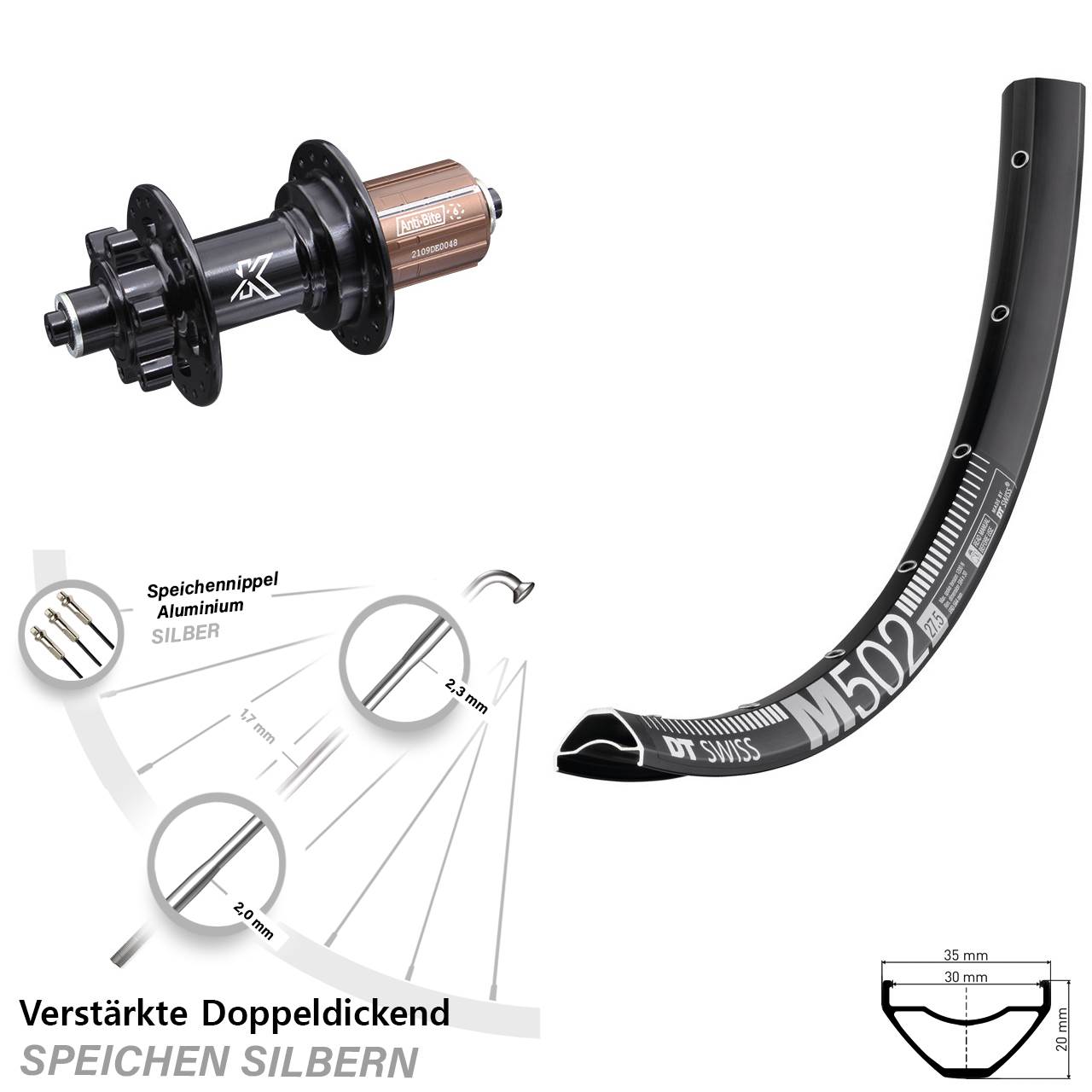 6-Loch Hinterrad für Schnellspanner 29 Zoll DT Swiss M502 KX-M 8-12 fach