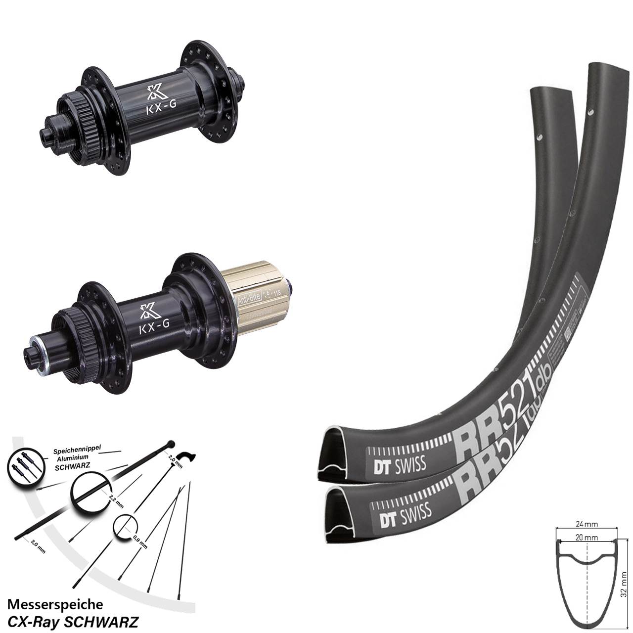 28 Zoll DT Swiss RR 521 KX-G Disc Laufradsatz für Schnellspanner 8-12 fach HG CX-Ray