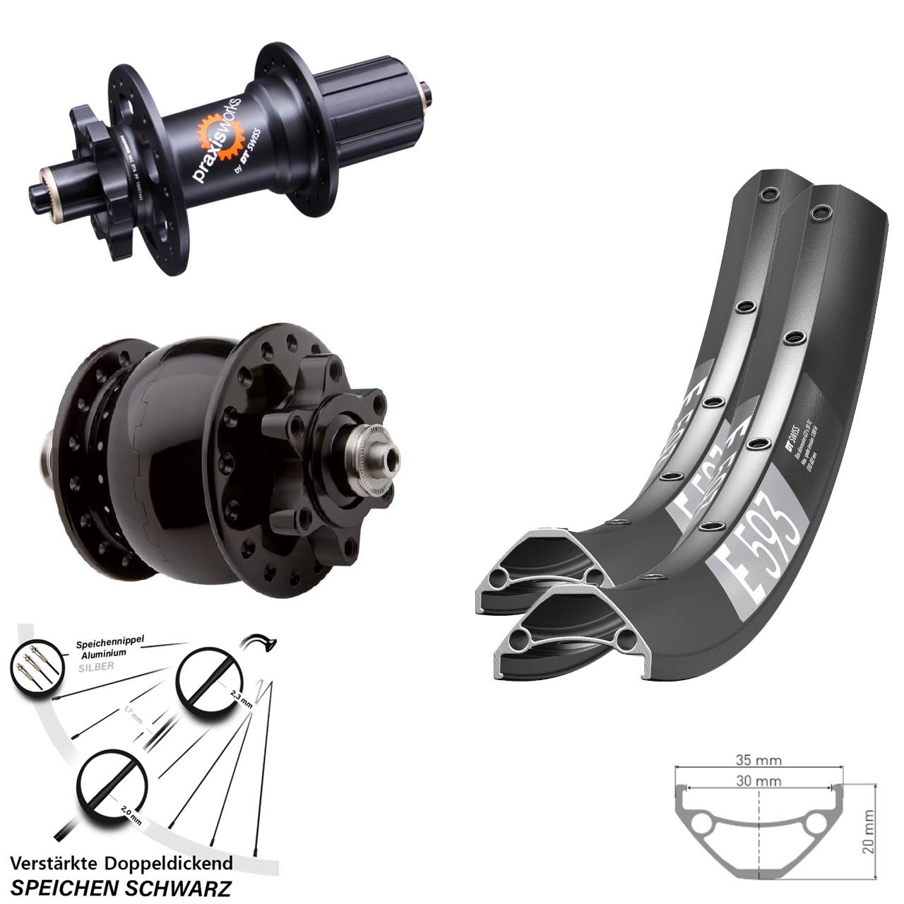 29 Zoll DT Swiss E 593 350 SON 28 Disc Laufradsatz für Schnellspanner 8-11 fach HG