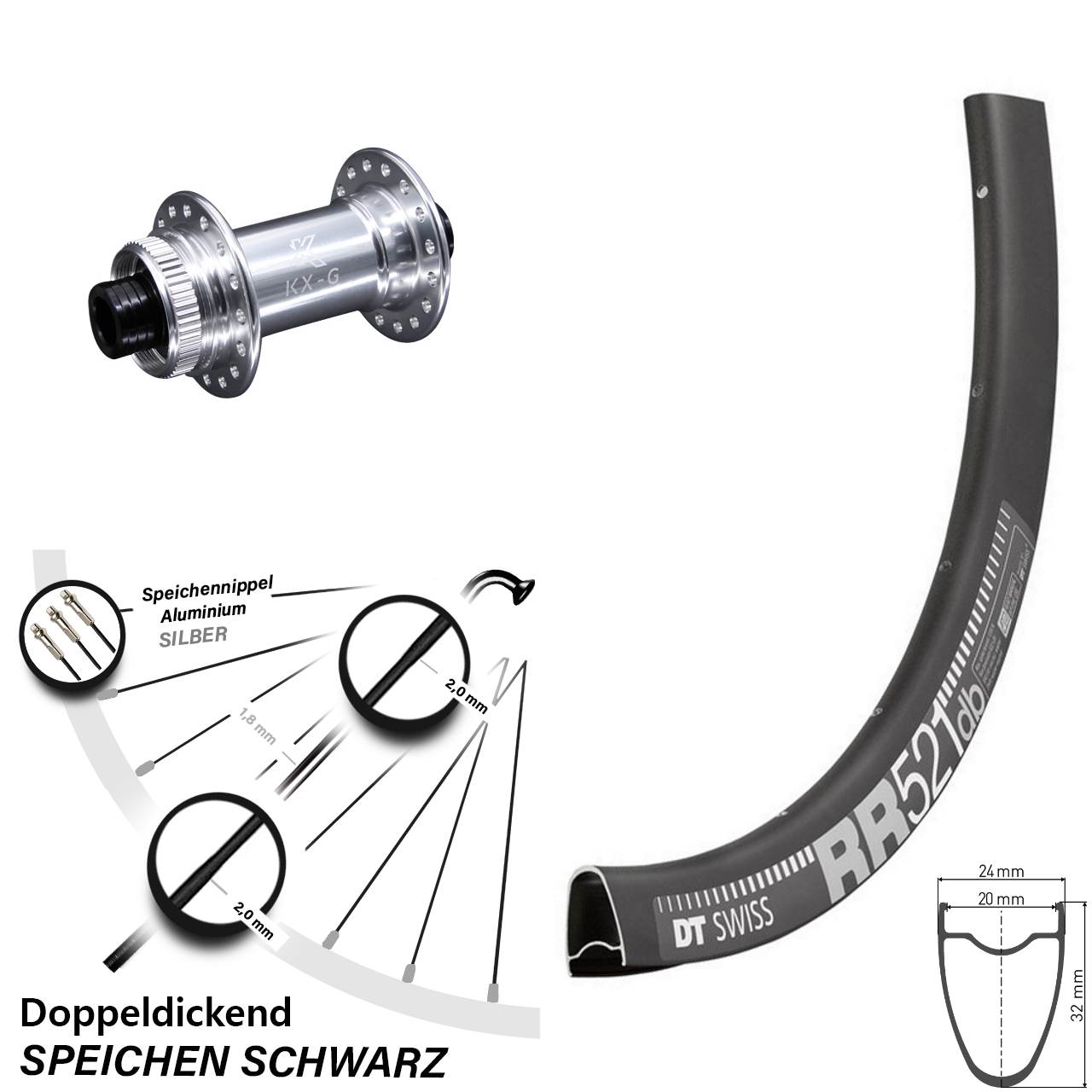 Vorderrad Centerlock 15x100 28 Zoll DT Swiss RR 521 KX-G silbern