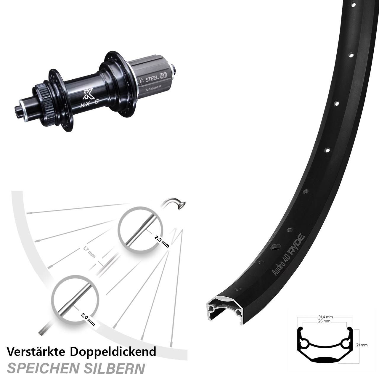 20 Zoll Hinteres Rad KX-GS 5x135 Shimano 8-12 fach Centerlock Ryde Andra 40 Disc