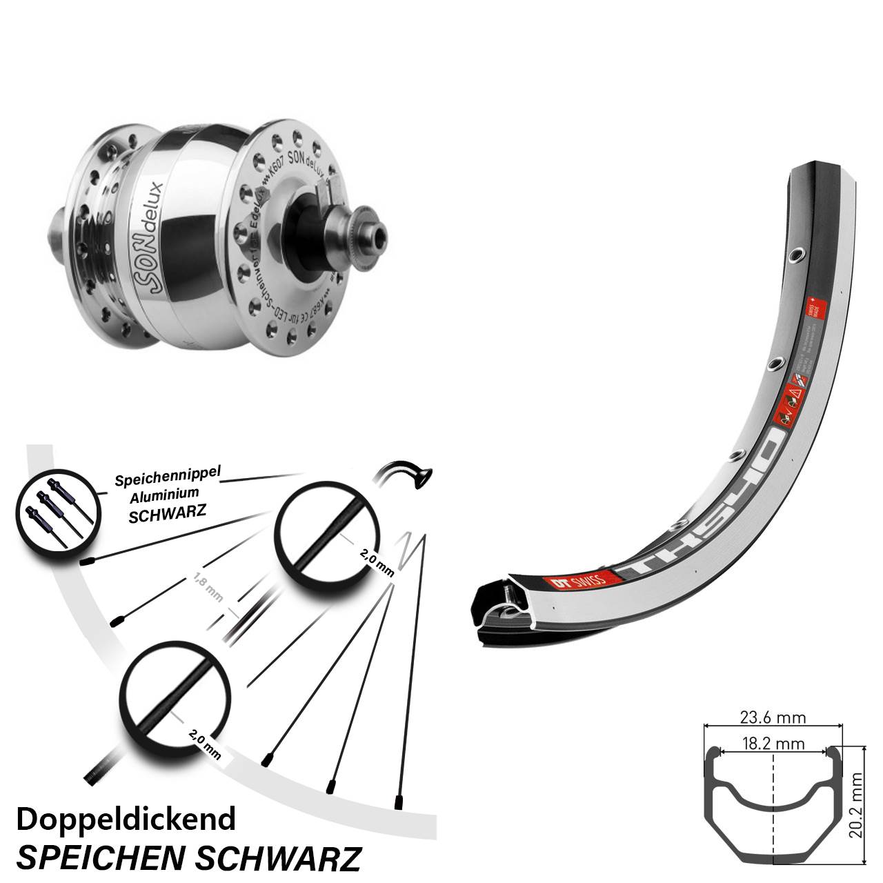 28 Zoll DT Swiss TK 540 SONdelux poliert Vorderrad mit Nabendynamo QR