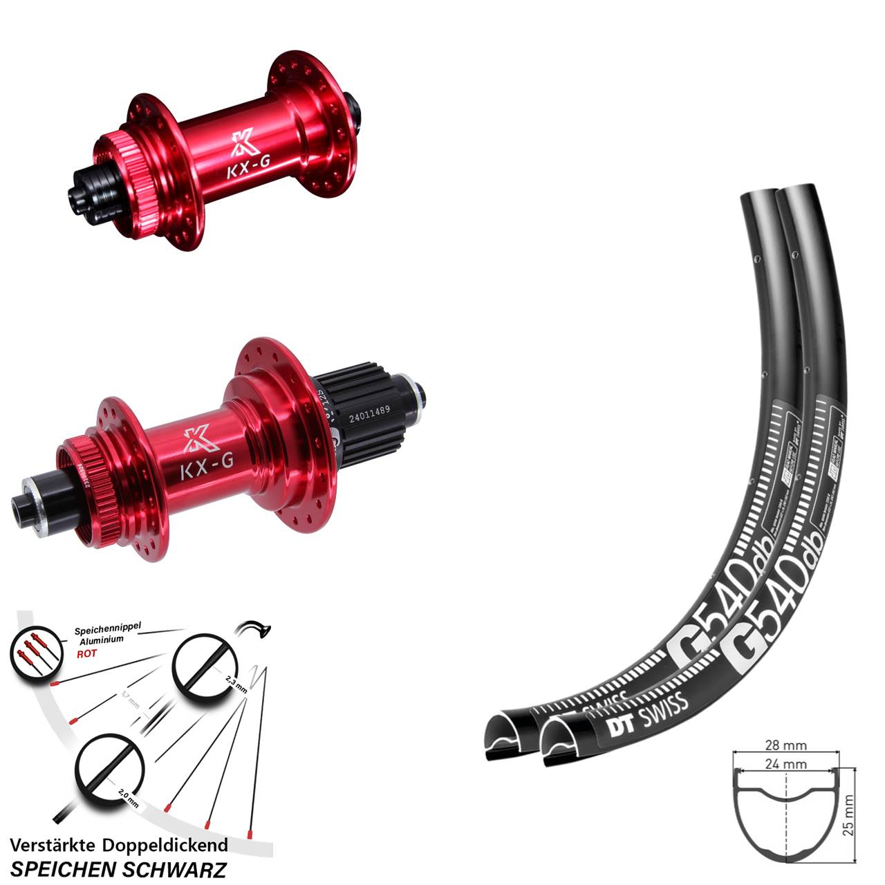 Disc Laufradsatz für Schnellspanner 28 Zoll DT Swiss G540 KX-G rot Micro Spline