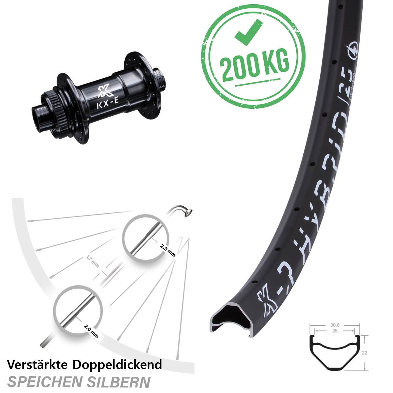Vorderrad E-Bike 29 Zoll KX-ER Hybrid 25 schwarz Centerlock Steckachse 15x100 mm verstärkt