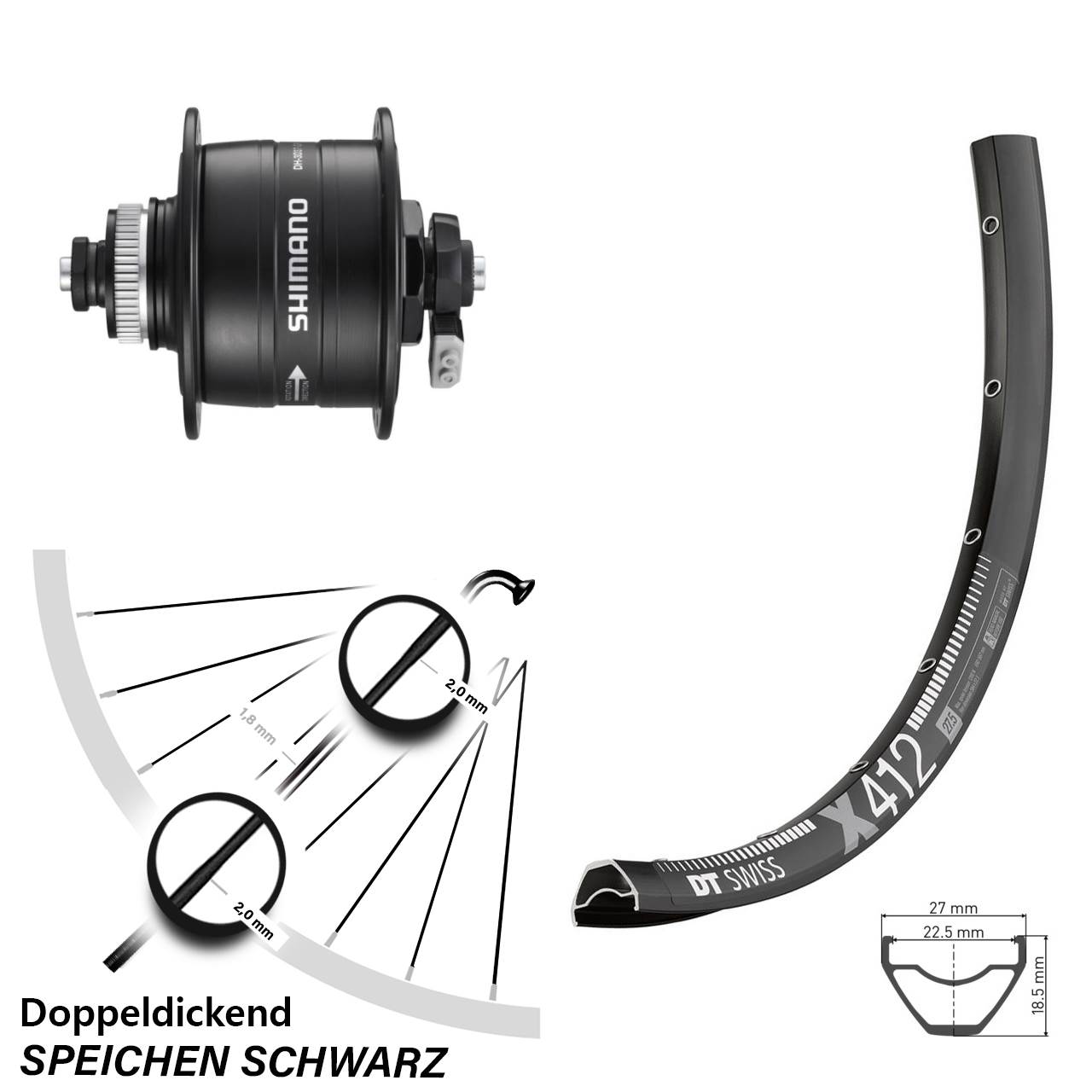 28-29 Zoll DT Swiss X412 Shimano DH-3D37 Dynamo-Vorderrad Centerlock QR