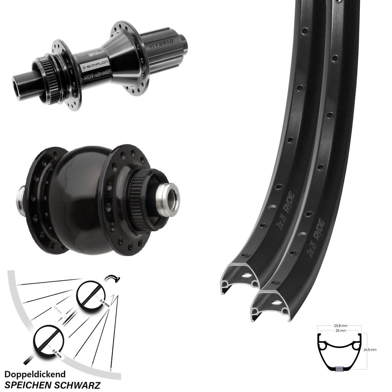28 Zoll Ryde ZAC 25 DT Swiss 370 Hybrid SONdelux Disc Laufradsatz 12x100/142 8-11 fach HG