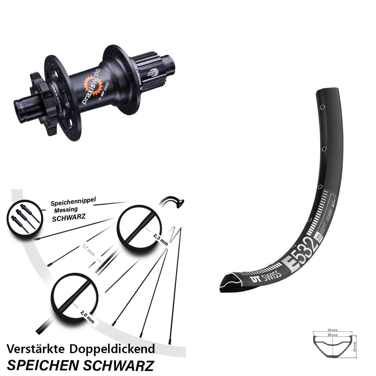 Hinterrad 6-Loch 12x142 27,5 Zoll DT Swiss E 532 350 Shimano Micro Spline