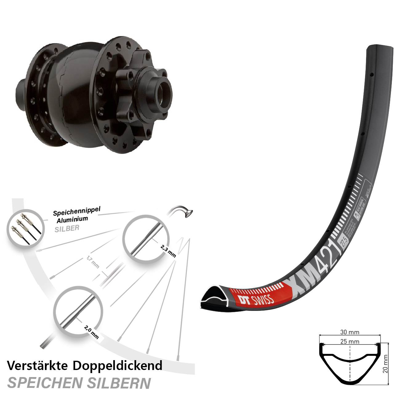 Nabendynamovorderrad 6-Loch 29 Zoll DT Swiss XM 421 SON 28 15x100