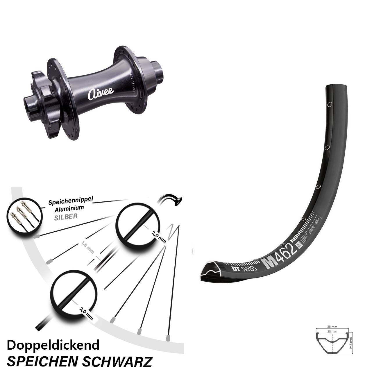 27,5 Zoll Vorderrad DT Swiss M 462 mit Aivee Classic 6-Loch Boost Nabe