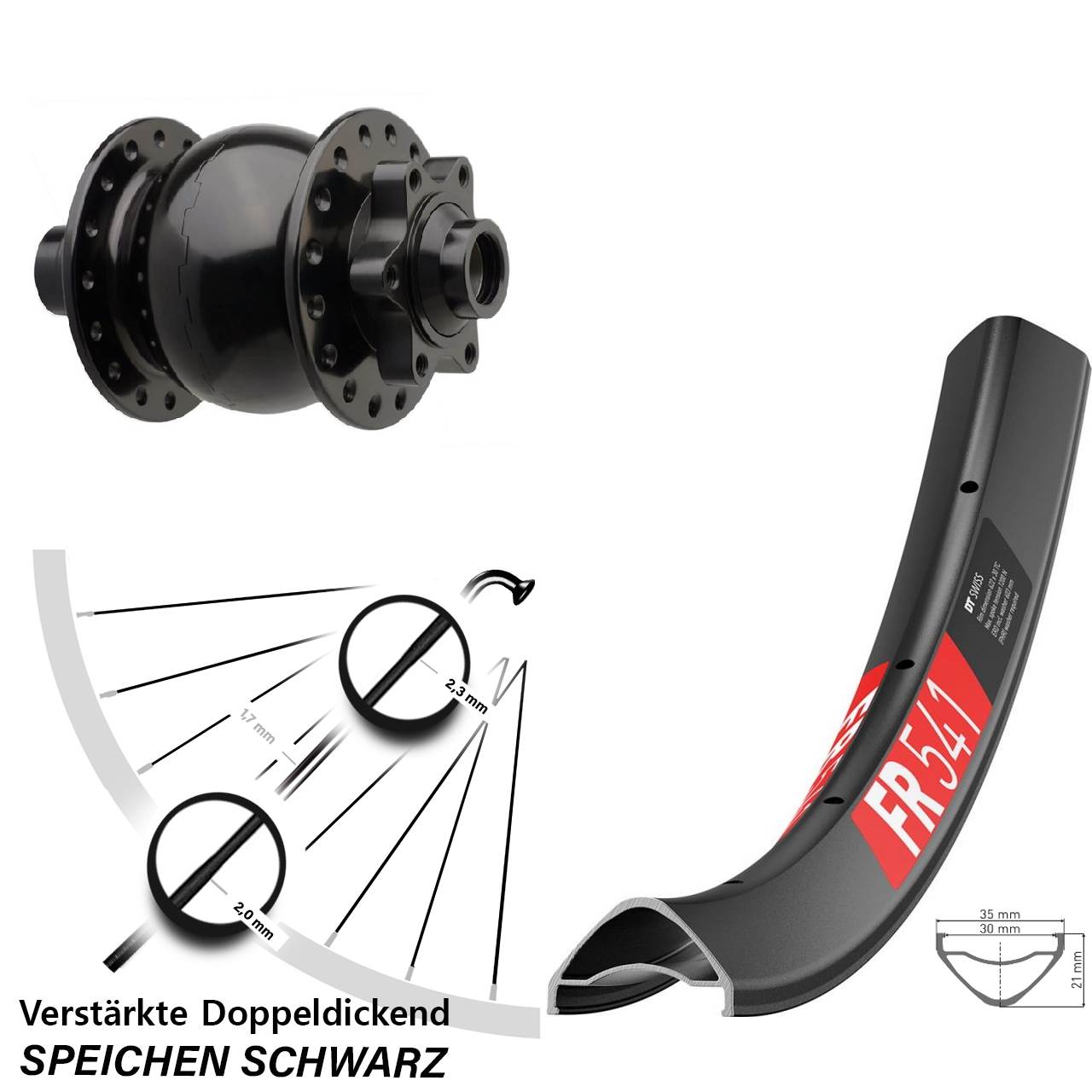 Nabendynamovorderrad 6-Loch 27,5 Zoll DT Swiss FR 541 SON 28 15x110 Boost