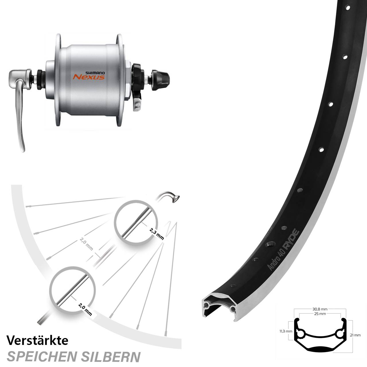 24 Zoll Ryde Andra 40 Shimano DH-C3000 Nabendynamo Vorderrad