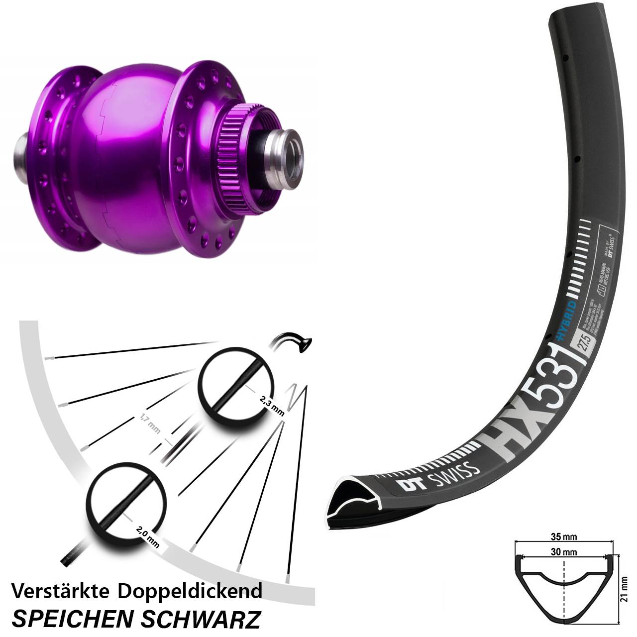 Nabendynamovorderrad Centerlock 12x100 29 Zoll DT Swiss HX531 SON 28 violett