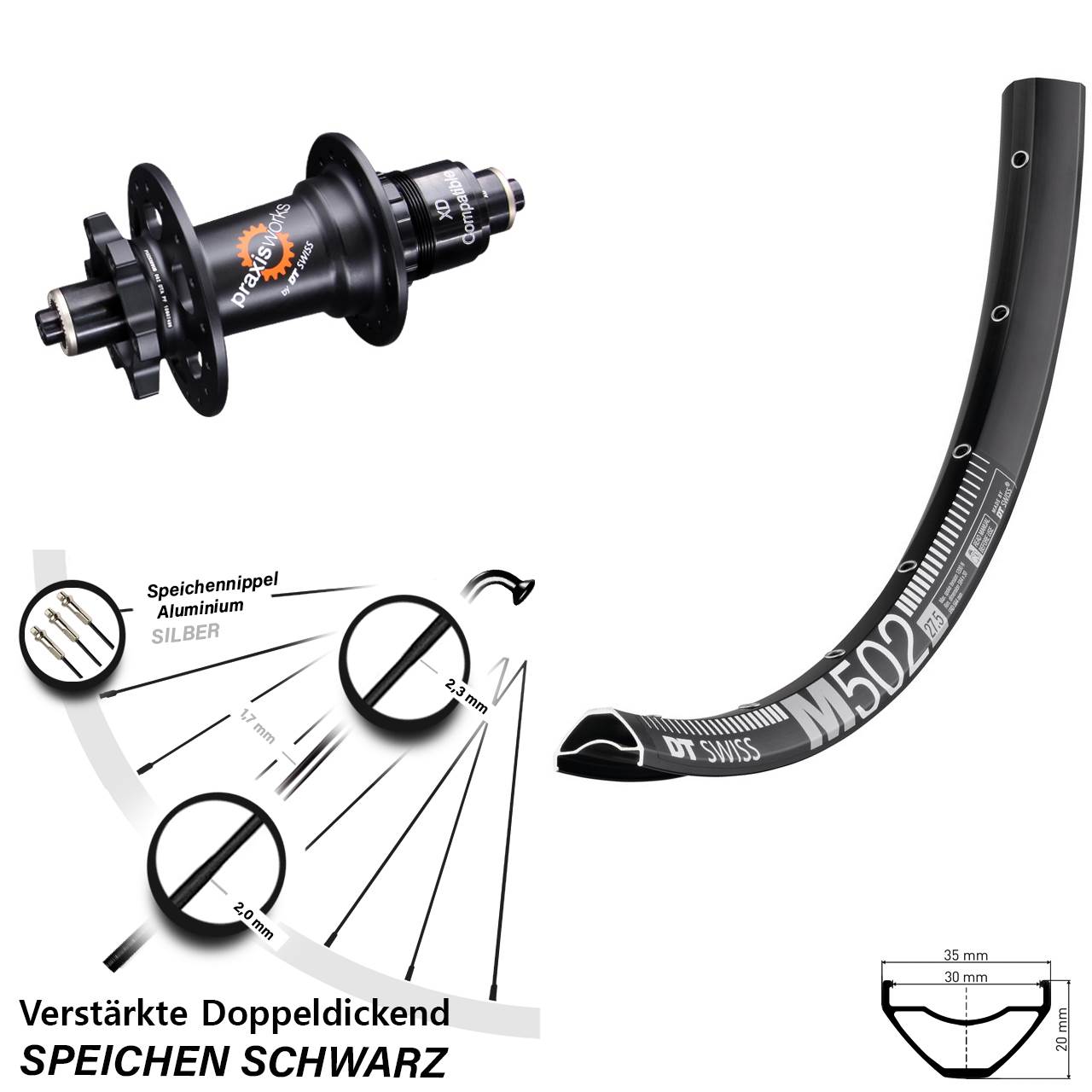 DT Swiss M502-350 29 Zoll Hinterrad 6-Loch für Schnellspanner XD