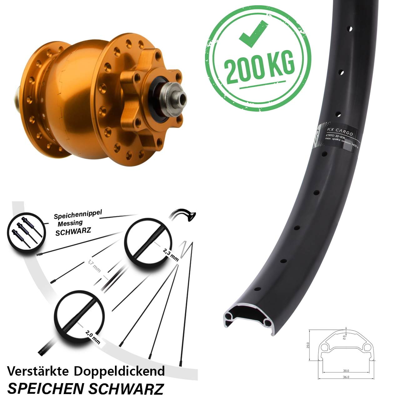 Nabendynamovorderrad 6-Loch 26 Zoll KX Cargo SON 28 orange für Schnellspanner