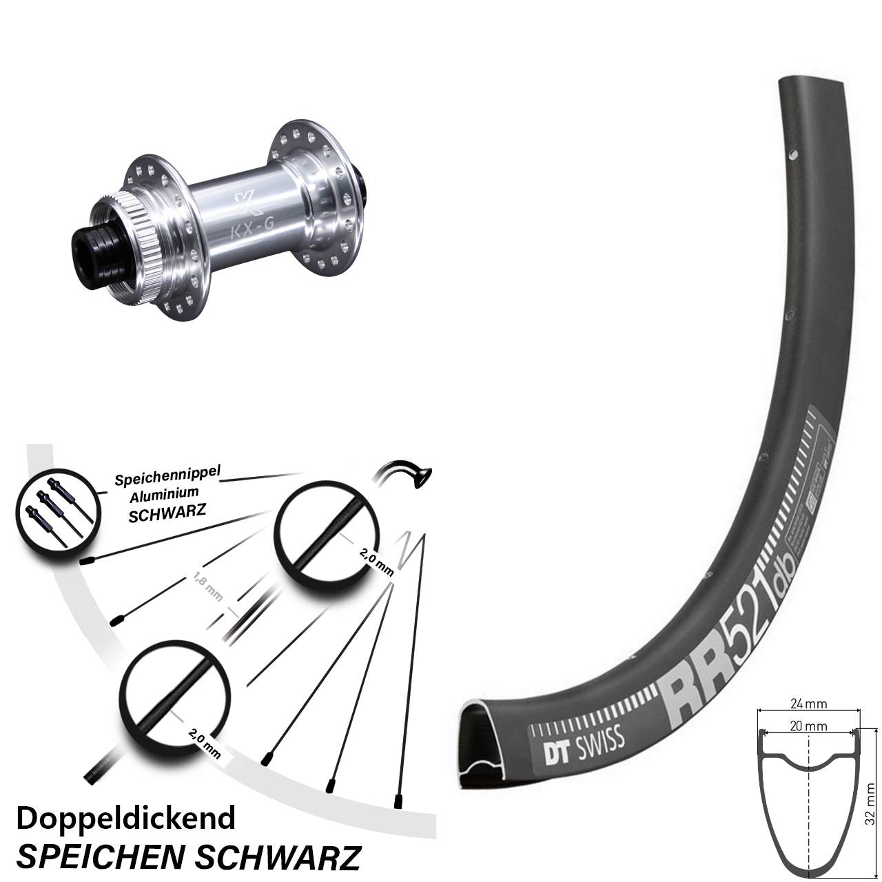 Vorderrad Centerlock 15x100 28 Zoll DT Swiss RR 521 KX-G silbern