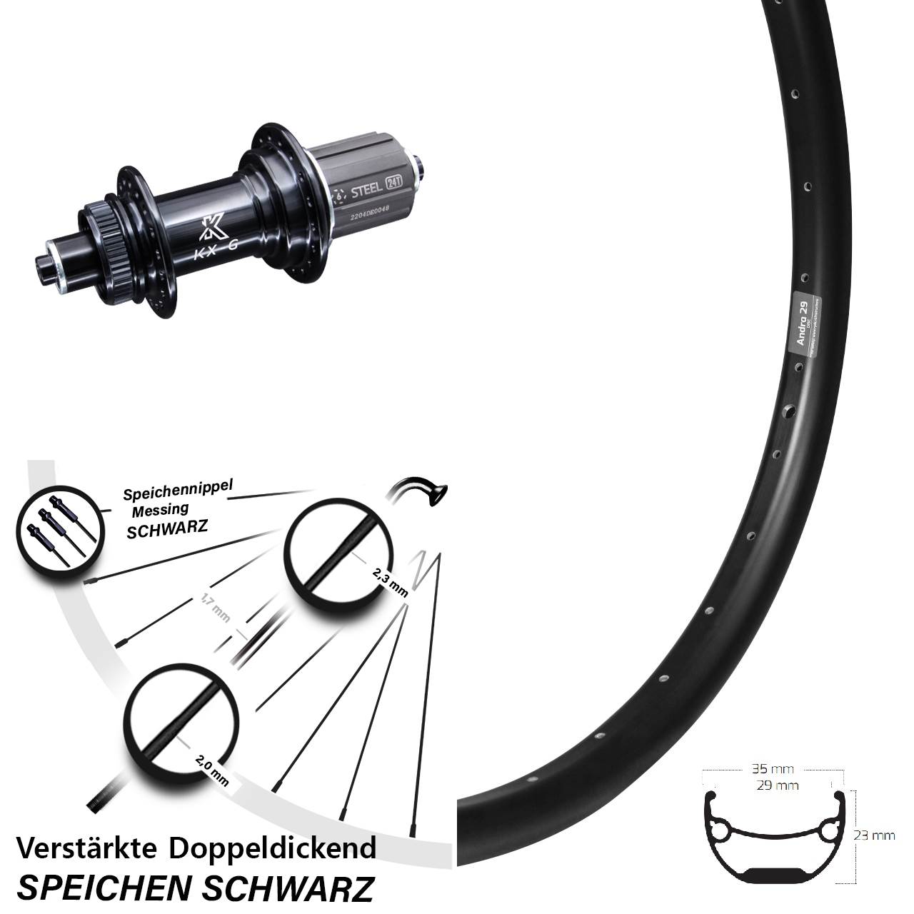 20 Zoll Ryde Andra 29 KX-GS Hinterrad Centerlock für Schnellspanner 8-12 fach