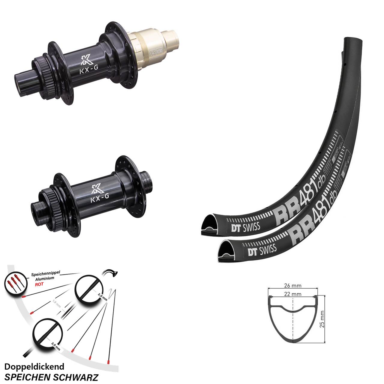Laufradsatz 28 Zoll DT Swiss RR 481 Steckachse 12 mm KX-G Nabe Sram XD-R 12-fach Tubeless