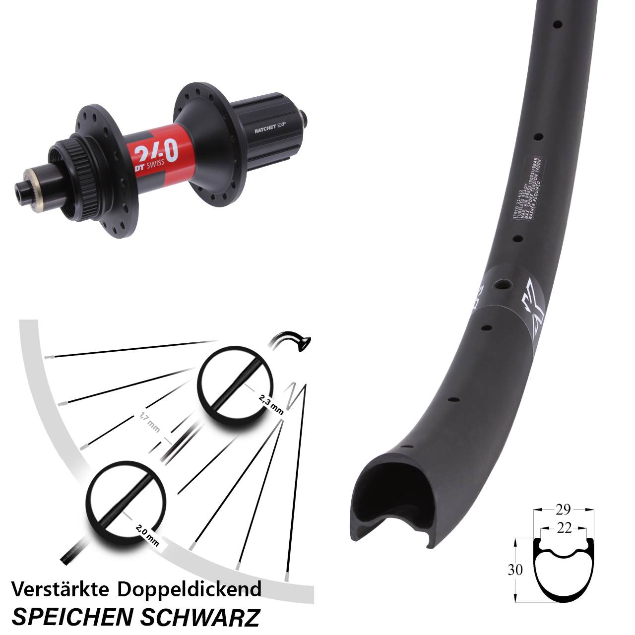 KX-RC Gravel Carbon DT Swiss 240 EXP 29 Zoll Centerlock Hinterrad QR 11-12 fach