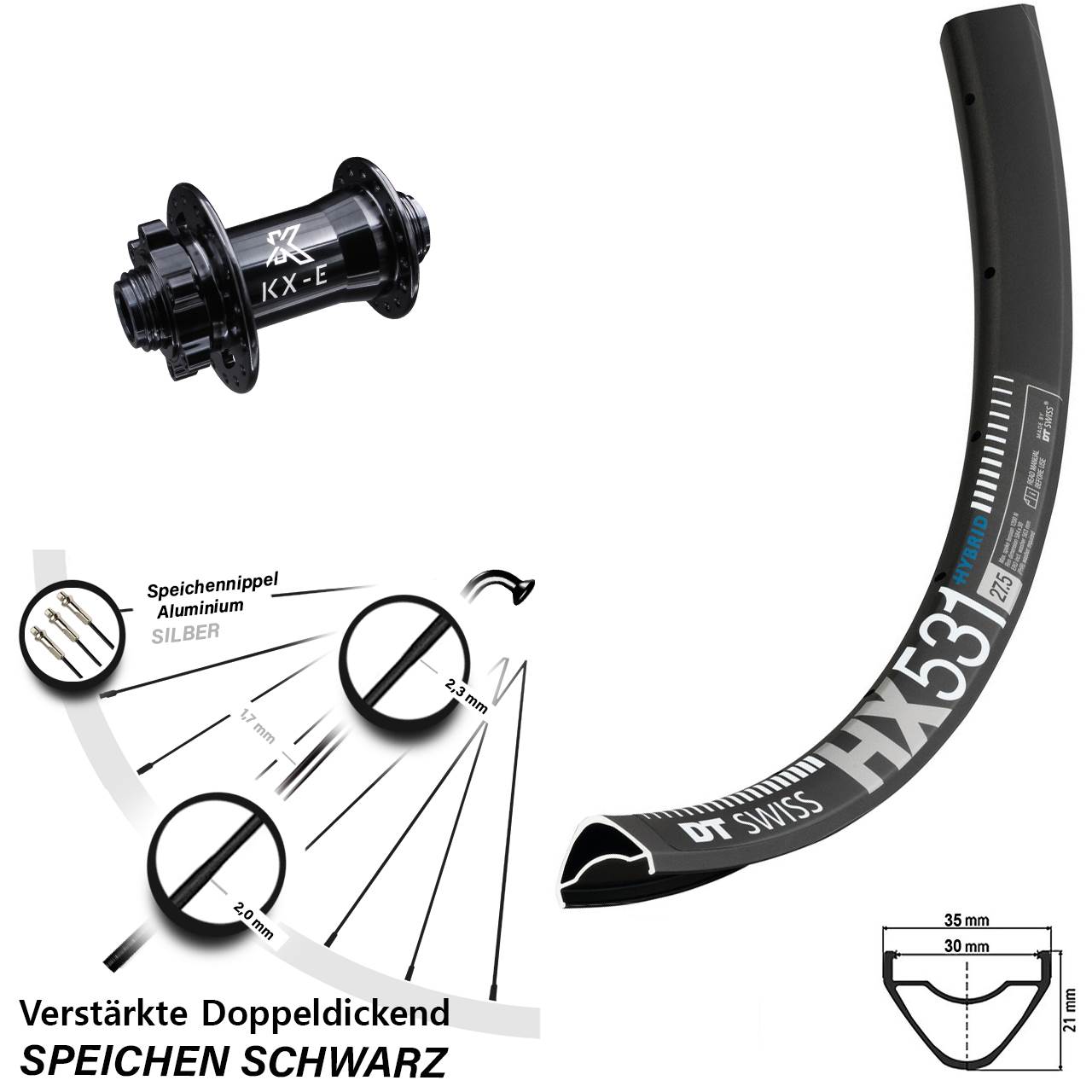 Vorderrad DT Swiss HX 531 Steckachse KX-E 15x100 mm 6-Loch verstärkt 29 Zoll E-Bike