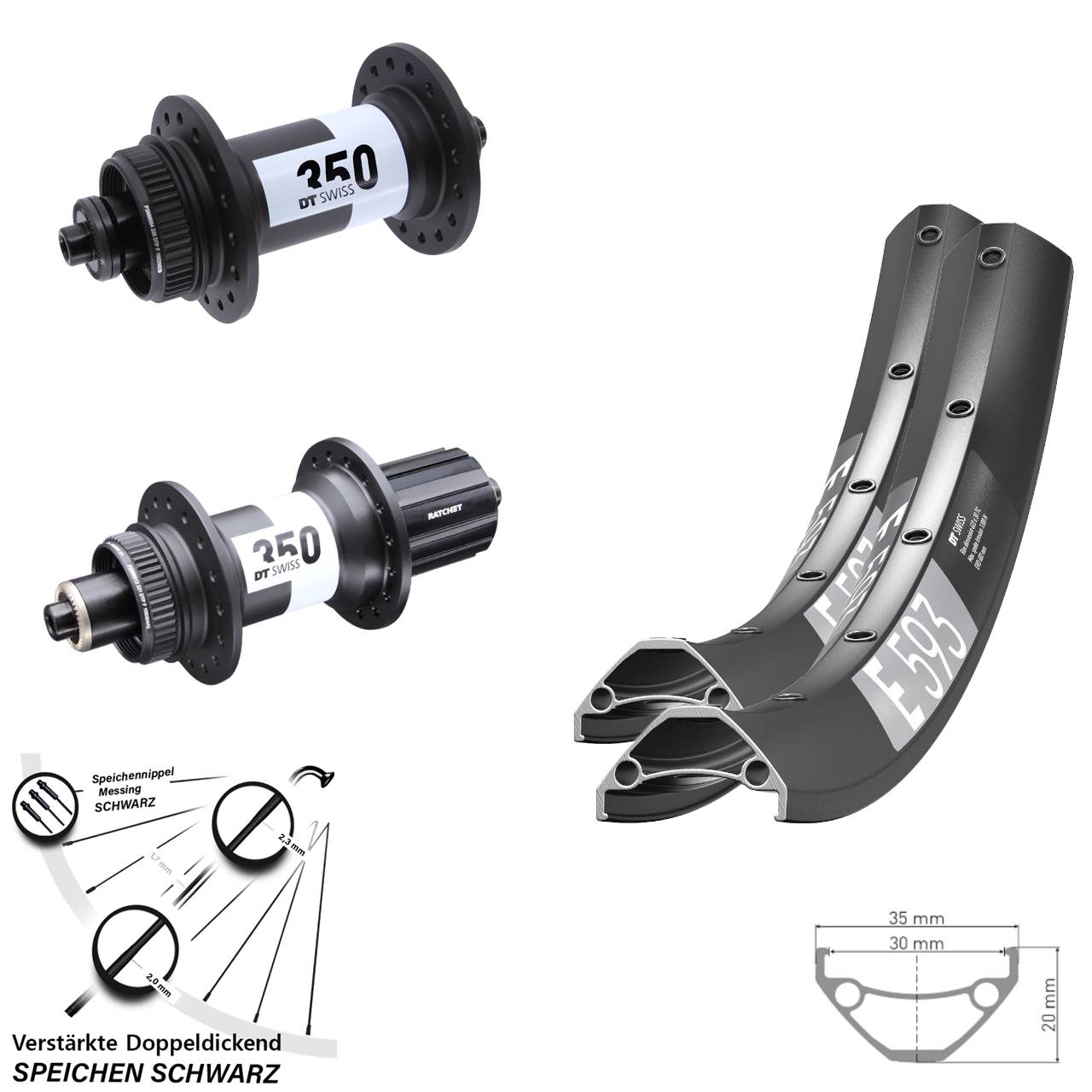 650B DT Swiss E593-350 Ratchet 36 Centerlock Laufradsatz QR 8-11 fach