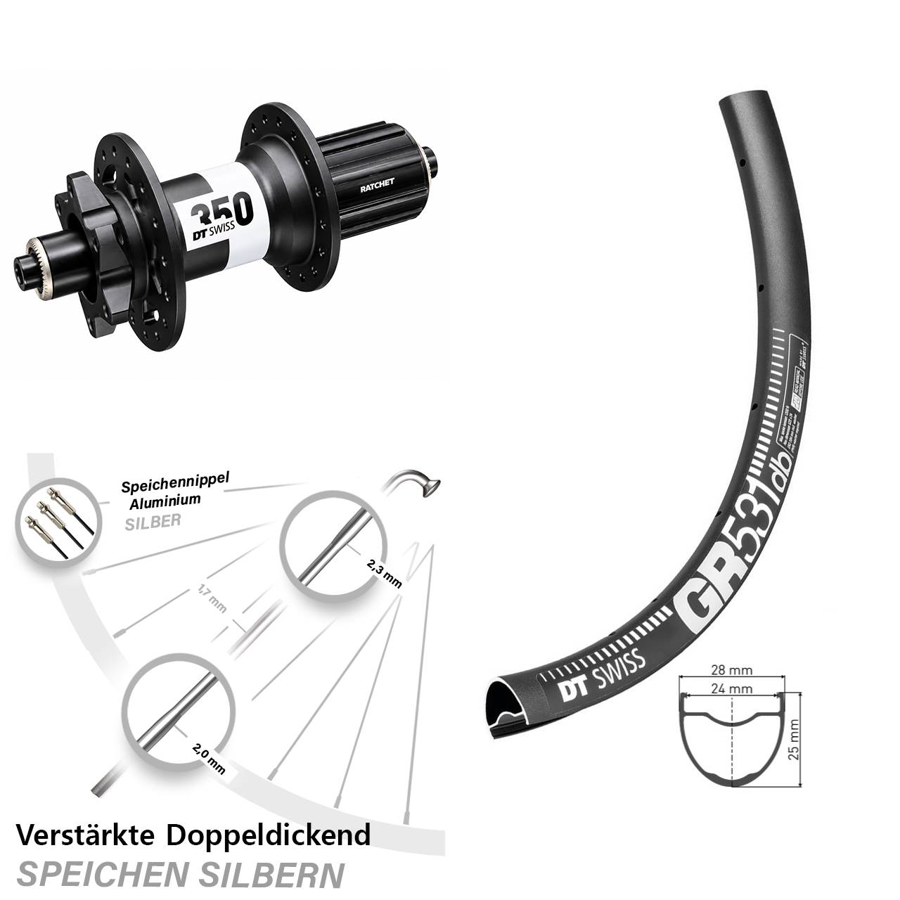 28 Zoll DT Swiss GR531 DT Swiss 350 Ratchet 36 Disc Laufrad für Schnellspanner 8-11 fach