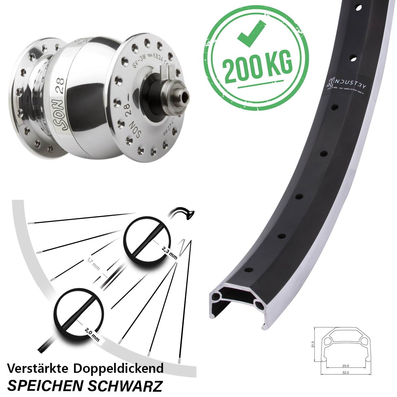 Nabendynamolaufrad für Schnellspanner 26 Zoll KX Industry SON 28 poliert