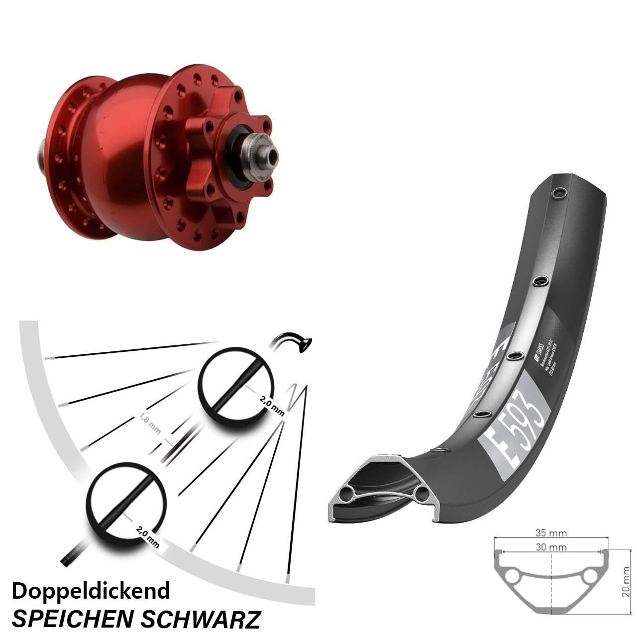 Disc Dynamo-Vorderrad für Schnellspanner 29 Zoll DT Swiss E593 SON 28 rot