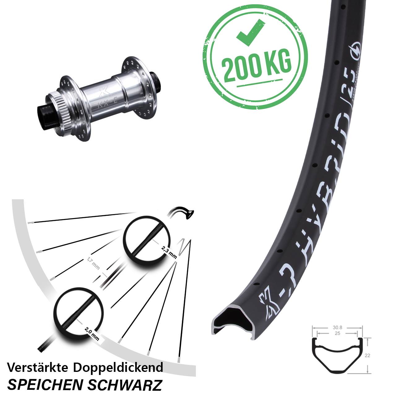 27,5 Zoll KX-R Hybrid 25 Lastenrad E-Bike Centerlock Vorderrad 15x100