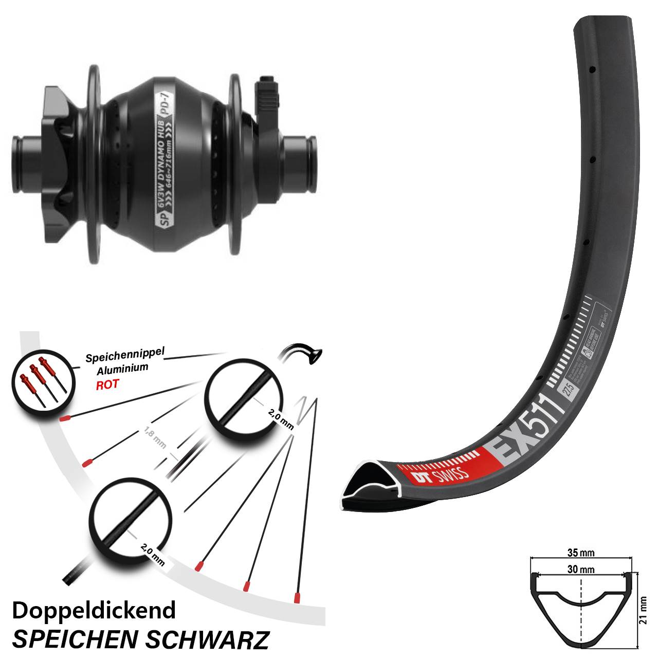 Disc Vorderrad mit Nabendynamo 27,5 Zoll DT Swiss EX511 Shutter Precision PD-7 12x100