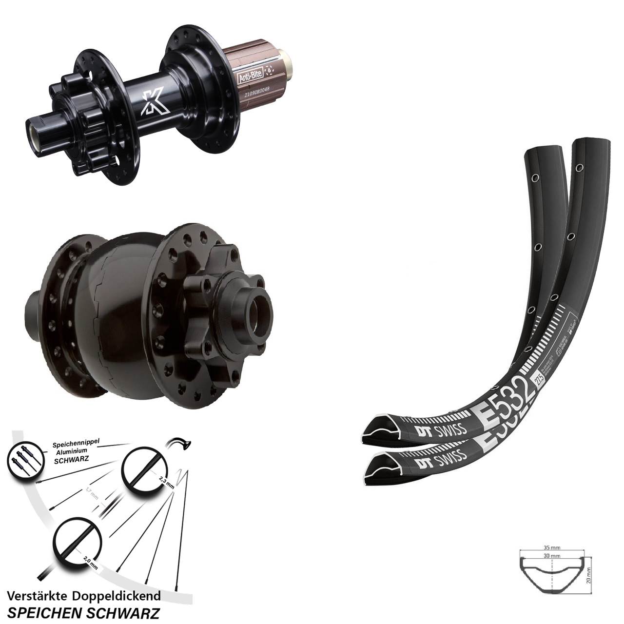 27,5 Zoll DT Swiss E532 KX-M Shimano Anti-Bite SON 28 Laufrad-Satz 8-12 fach HG