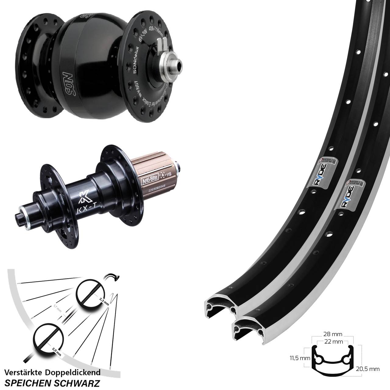 Laufradsatz 650B Ryde Andra 35 KX-T SONdelux wide body 8-12 fach HG für Schnellspanner