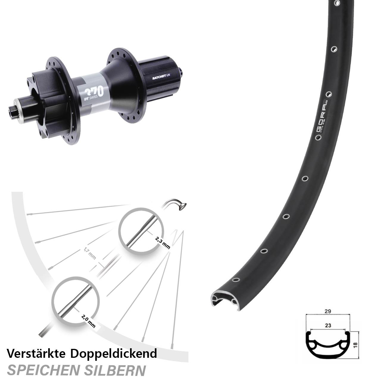 6-Loch Hinterrad für Schnellspanner 29 Zoll Gora 23 DT Swiss 370 8-11 fach HG