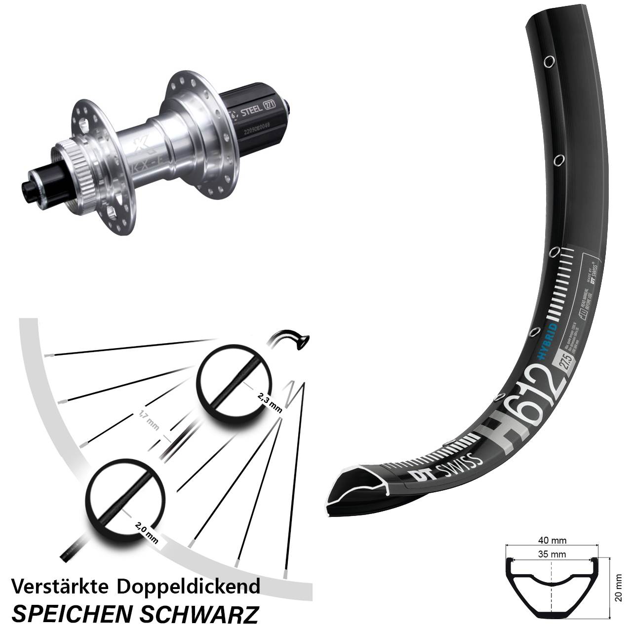 Disc Laufrad für Schnellspanner 27,5 Zoll DT Swiss H 612 KX-E verstärkt 8-12 fach HG