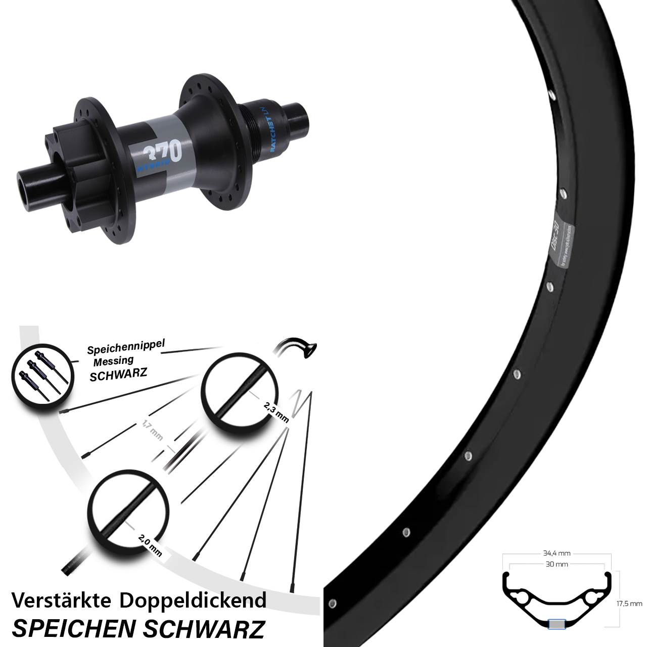 Hinterrad 6-Loch 12x148 27,5 Zoll Ryde Disc 30 DT Swiss 370 Hybrid SRAM XD