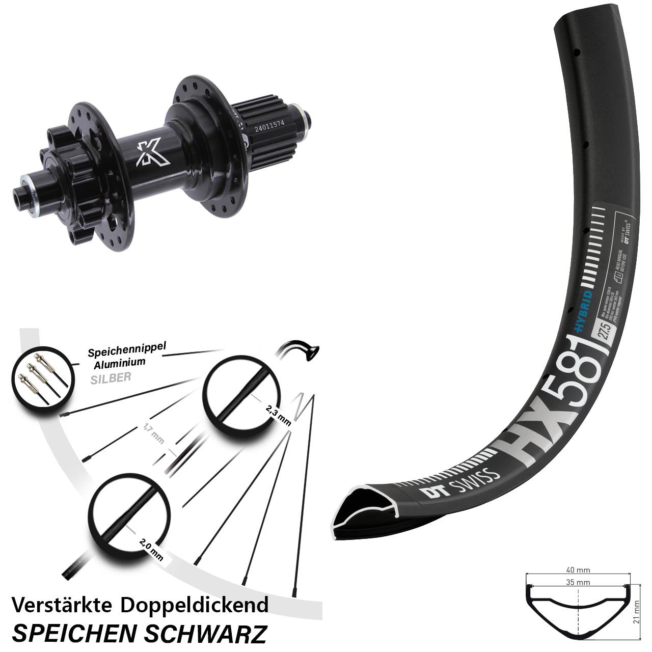 27,5 Zoll DT Swiss HX 581 KX-M Disc Laufrad für Schnellspanner Micro Spline
