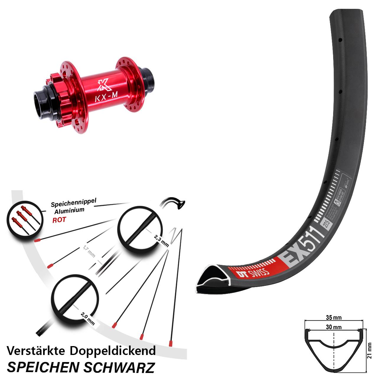 29 Zoll DT Swiss EX 511 KX-M rot Vorderrad 6-Loch 20x110 (DH alt)