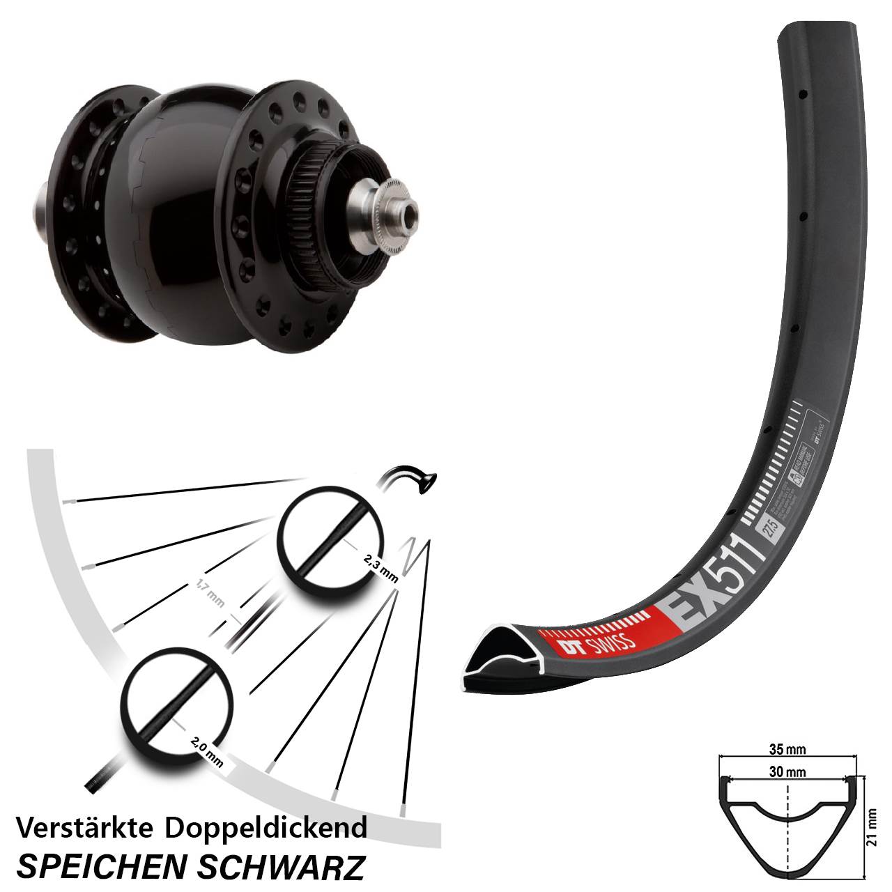 27,5 Zoll DT Swiss EX511 SON delux Disc Nabendynamovorderrad QR
